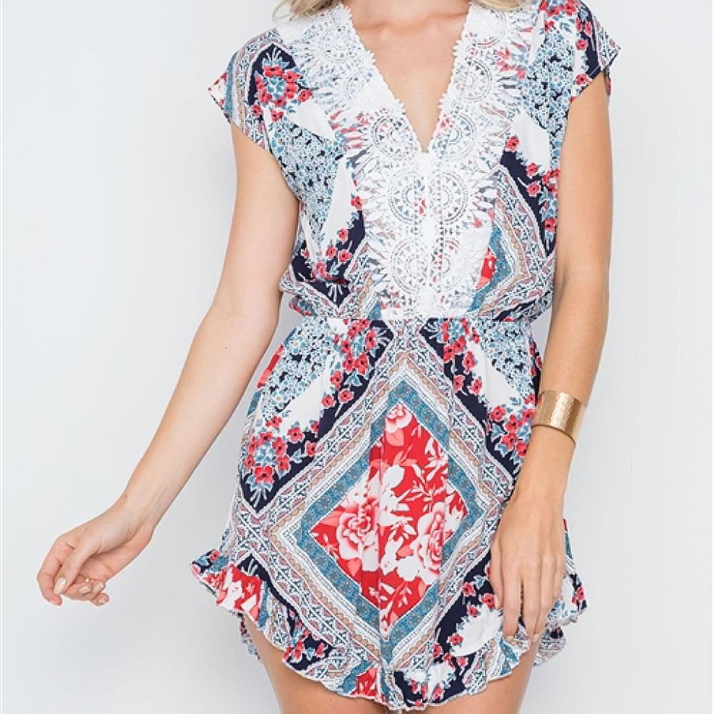 Navy Red White Lace Floral Print Ruffle Mini Rompe